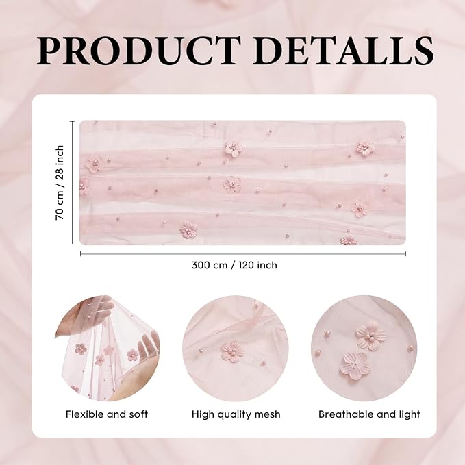 Artoid Mode Pink Flower Pearl Pink Gauze Table Runner 10FT, Seasonal Sheer Dining Holiday Wedding Birthday Baby Shower Table Decor for Home Party