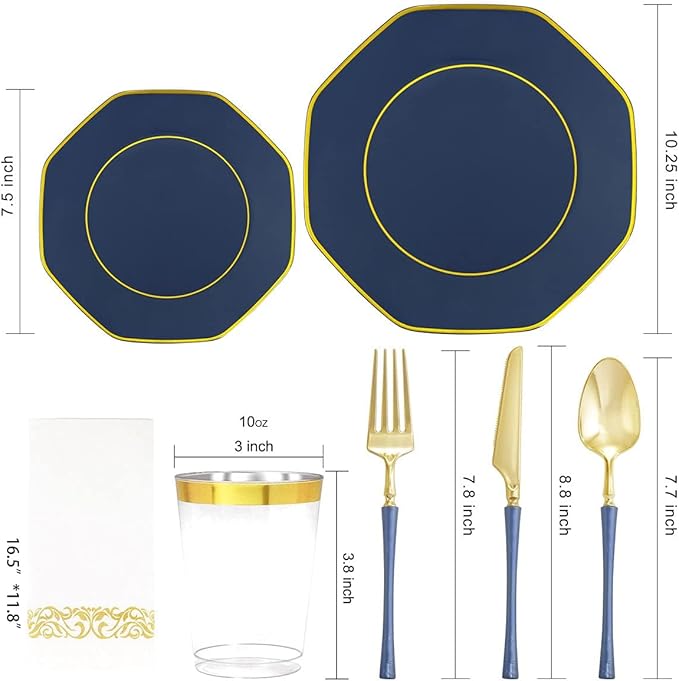 KIRE 140Pcs Blue Plastic Plates with Gold Rim - Gold Disposable Plastic Silverware with Blue Handle&Clear Cups&Hand Napkin - Geometric Party Plates for Passover/Party/Graduation