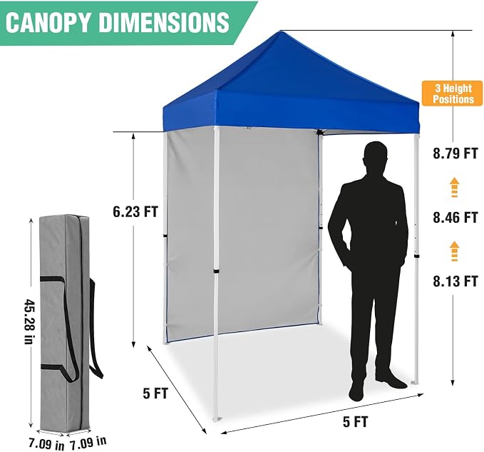 5x5 Pop Up Canopy Tent with One Sidewall, Instant Portable Beach Canopy, Outdoor Tent with Carry Bag for Camping, Sports, Tailgating, Events, Blue