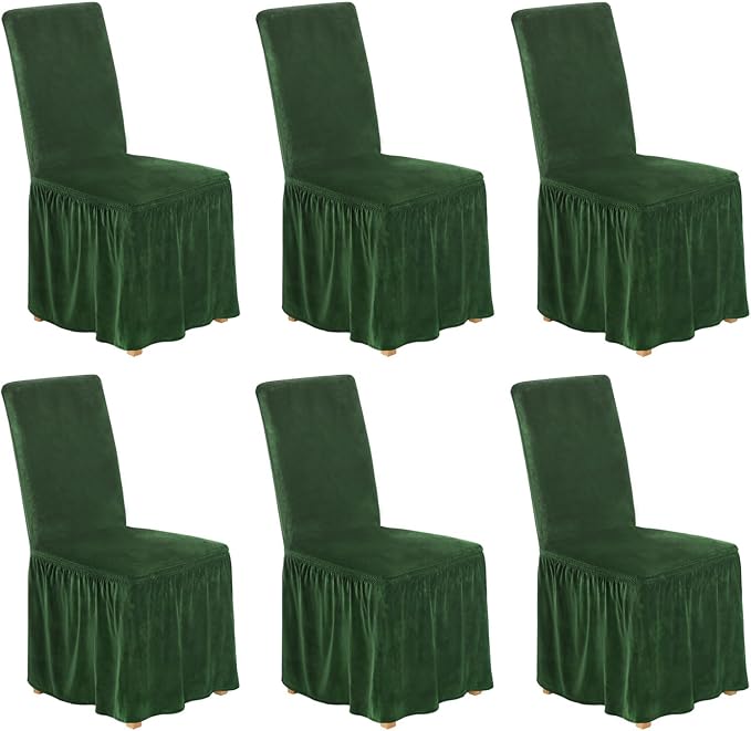NICEEC Spandex Chair Covers for Dining Chairs Covers Set of 6 Removable Dining Room Chair Covers with Skirt Parson Chair Slipcovers Washable Chair Protector for Kitchen Wedding Party Banquet(Green)
