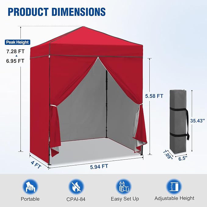 6x4 Pop Up Canopy Tent with Four Wall Panels, Instant Portable Beach Canopy, Outdoor Tent with Carry Bag for Camping, Sports, Tailgating, Events, Red