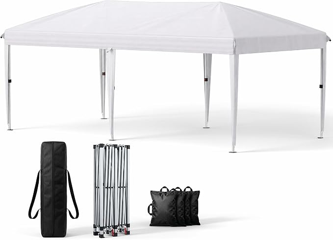 10x20 Pop Up Canopy Without Sidewalls, Instant Tent with Carry Bag, Sandbags, Height Adjustable Waterproof Outdoor Canopy, Outdoor Canopy for Events, Camping, Parties (White)