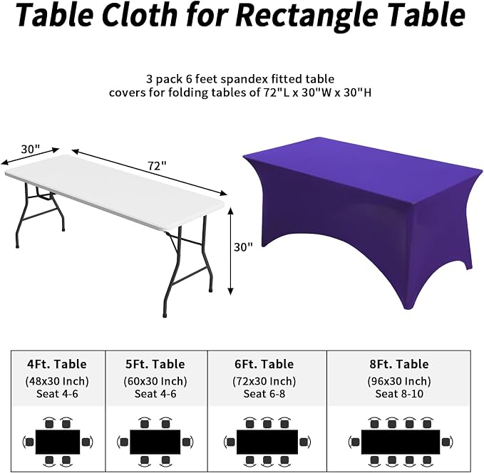 Fixwal 3 Pack Purple Tablecloth Rectangle 6Ft, Stretch Spandex Fitted Table Cover for Party, Trade Show, Wedding, Buffet, Graduation, Vendor Stand