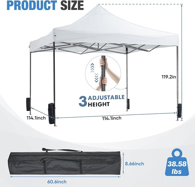 OLIXIS 10x10 FT Pop Up Canopy Tent, Sun Shade Instant Canopy with Windproof Sand Bags, Heavy Duty Portable Outdoor Shelter for Beach Yard Party Events, Bright White