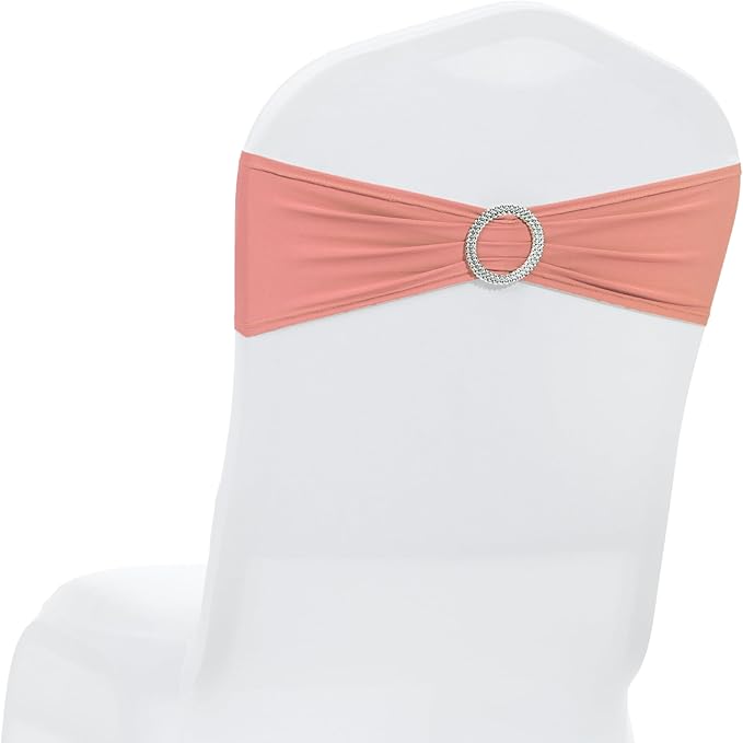 MDS Pack of 10 Spandex Chair Sashes Bow Premium Stretch Chair Cover Band with Buckle Slider Universal fits Elastic Dining Chair Ties for Wedding Party Banquet Events Decoration - Coral Peach