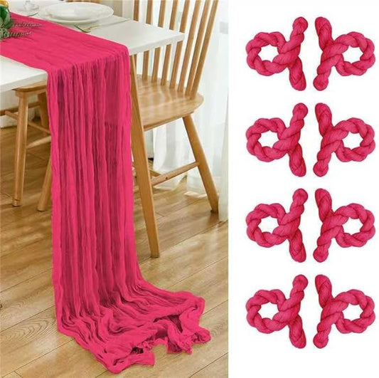 8 Pack Hot Pink 10 Ft Cheesecloth Table Runner 35x120 Inch Boho Wrinkled Sheer Romantic Gauze Decor for Wedding, Bridal Shower, Birthday Party