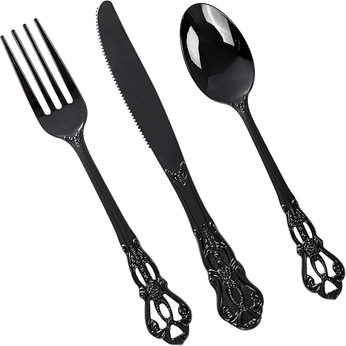 150PCS Black Plastic Silverware - Heavy Duty Disposable Cutlery Sets - Fancy Plastic Utensils Flatware Include 50 Forks, 50 Spoons, 50 Knives for Catering Dinners Wedding Party