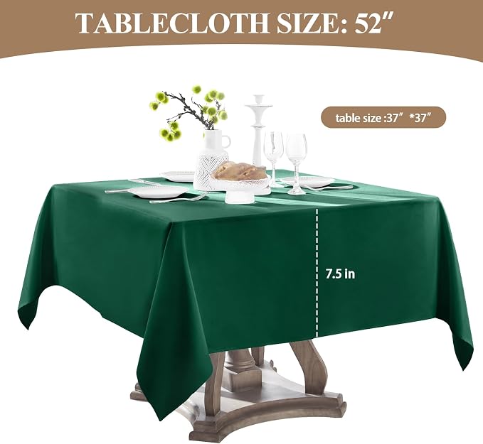 Square Tablecloth 52 x 52 Inch Dark Green Polyester Stain-Wrinkle Resistant Washable Table Cloths for Holiday, Buffet Parties, and Wedding 2 Pack