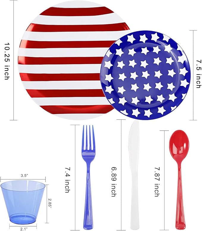 KIRE 150PCS 4th of July Plates & Red White Blue Disposable Plastic Silverware &Clear Blue Cups-American Flag Patriotic Party Supplies for Memorial Day/Independence Day/Veterans Day