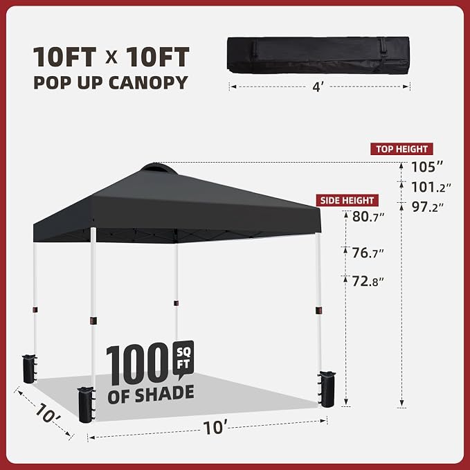 10x10 Pop Up Canopy Tent, Instant Folding Outdoor Shelter with High Strength Steel Frame and Handheld Carry Bag, Ground Stakes and Wind Ropes for Backyard Party, Camping, Beach Events, Black