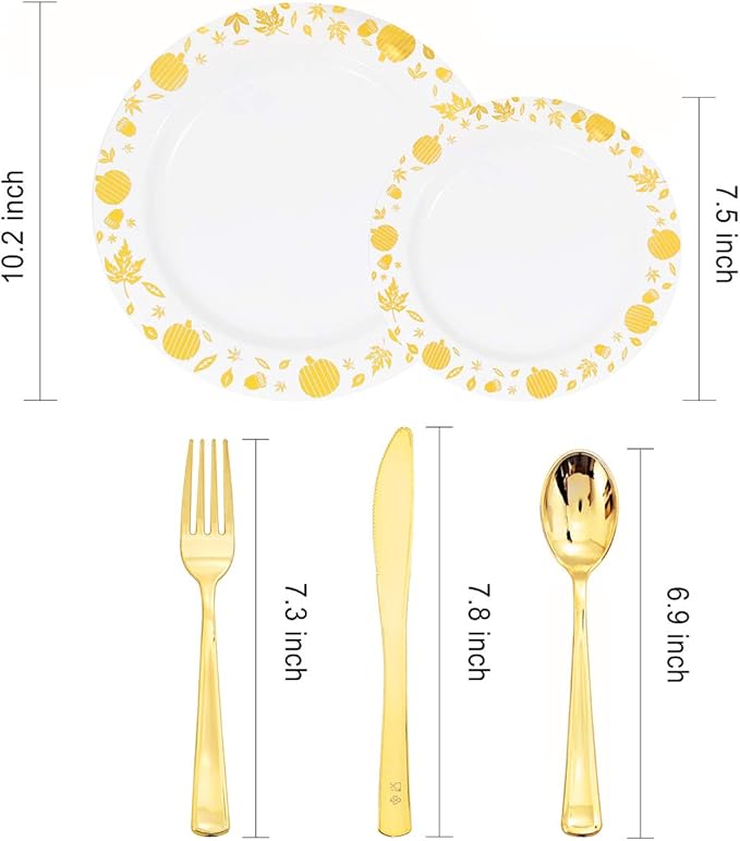 WDF 150pcs Gold Plastic Plates with Disposable Plastic Silverware - Premium Thanksgiving Dinnerware Sets for Thanksgiving Day&Parties