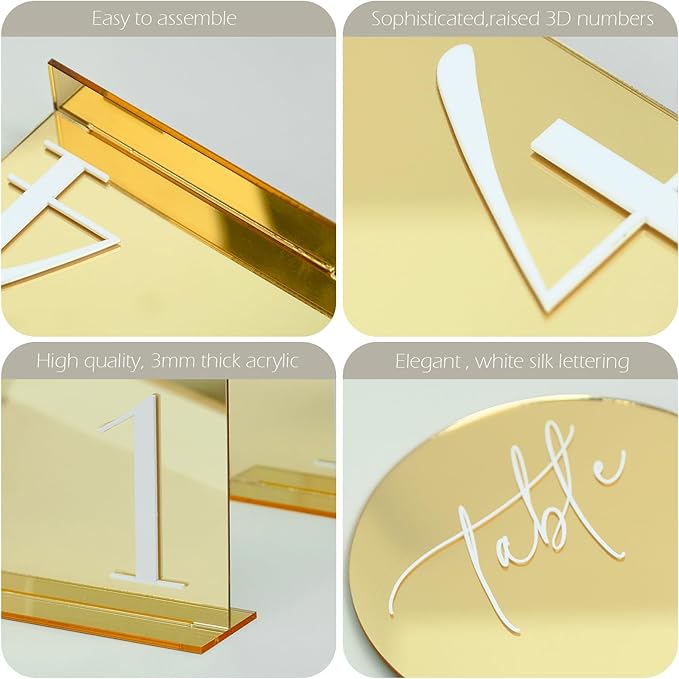 Gold Mirror Arch Acrylic Wedding table numbers 1-15 with Stands, 5"x7" Arched Acrylic Signs with White Numbers, Gold Mirror Table Numbers for Reception, Party, Anniversary, Event