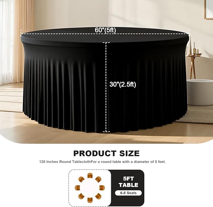 4 Pack Black 60 inch Round Spandex Tablecloth,Wrinkle-Free Stretchy Fitted 5FT Round Tables,Elastic Edge with Skirt,Washable Table Cloths for Wedding Banquet Party Birthday Buffet