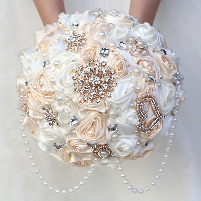 Ivory and Champagne Bridal Wedding Bouquet with Rhinestone Brooch Pearl String Cascade Bouquet for Bride Bridesmaid Quinceanera Satin Rose Flower Bouquet Wedding Champagne and Ivory 6.3in