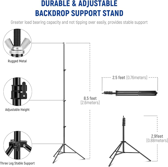 NEEWER 8.5x10ft Adjustable Backdrop Stand Kit, Photography Background Support System with 4 Crossbars, 6 Spring Clamps, 6 Backdrop Clips, 2 Sandbags, and Carrying Bag for Photo Video Party Ceremony