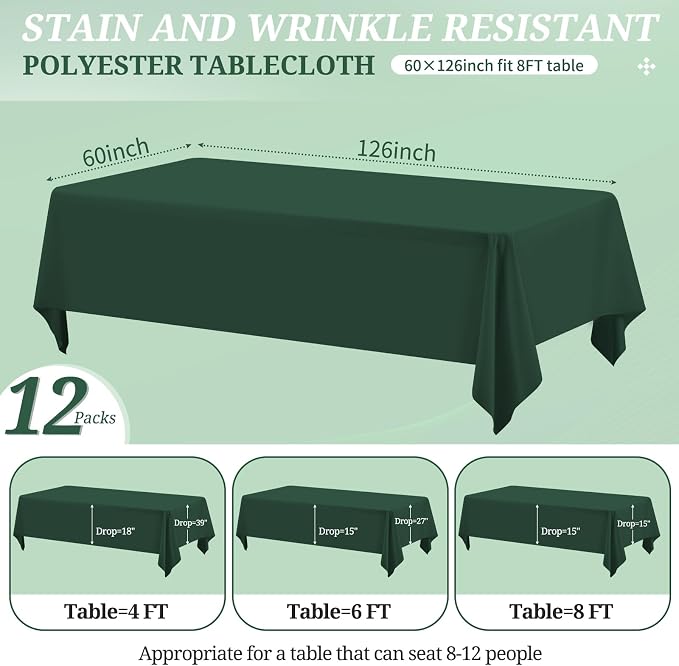 12 Pack Hunter Green Tablecloths for Rectangle Tables 60 x 126 Inch Polyester Tablecloth 8 Foot Rectangle Table Cloth Wrinkle Resistant Washable Fabric Table Cover for Party Wedding Banquet Events