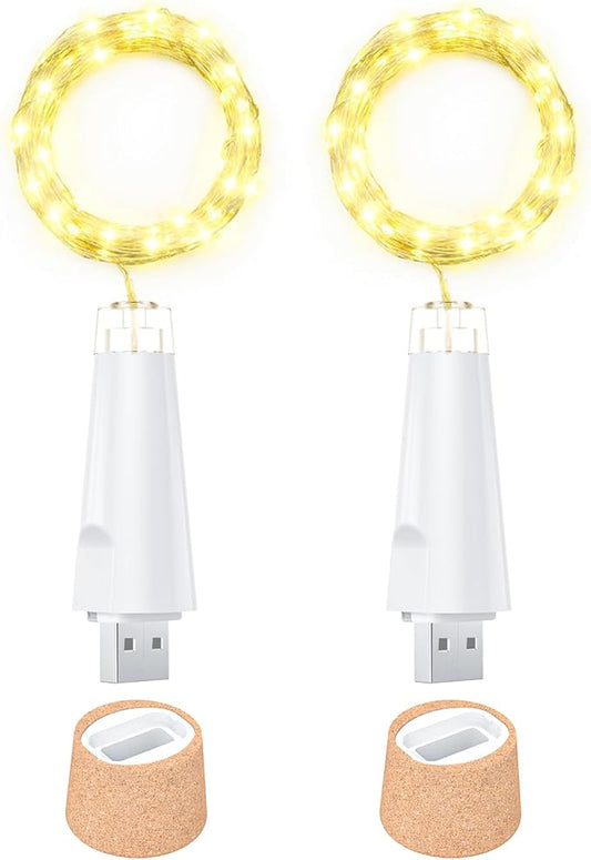 USB Bottle Lights Rechargeable Wine Bottle Fairy Lights Cork LED String Lights 20 LEDs Copper Wire for Table Party DIY Decor(Warm White, 2 Pack)