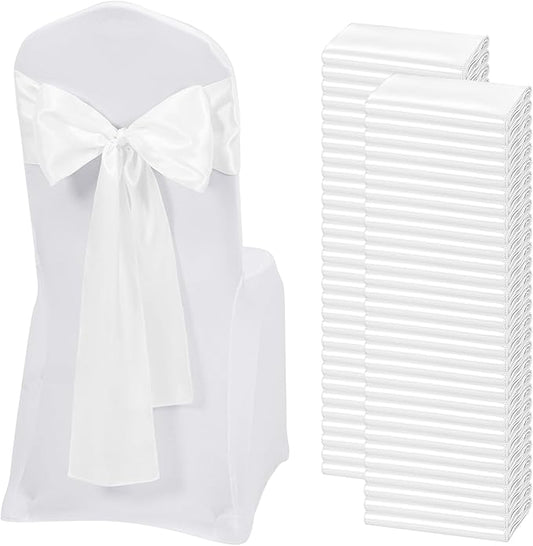 60 PCS White Satin Chair Sashes, Ties Bows Designed Chairs Decorative, Chair Cover Sashes for Thanksgiving Wedding Christmas Banquet Party Home Kitchen Decoration (7 x 108 inch)