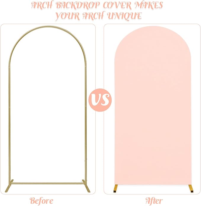 Set of 2 Wedding Arch Cover 2-Sided Round Top Spandex Fitted Arch Backdrop Cover for Birthday Party Baby Shower Wedding Arch Stand Decor（7.2FT, 6.6FT, Light Pink）