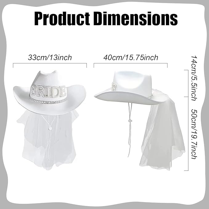 Delphinus Bridal Cowboy Hat, Bronzing Bride Cowgirl White Velvet Fur Veil Favors Women Felt Party Hat,Bachelorette Party Bride to Be Gift
