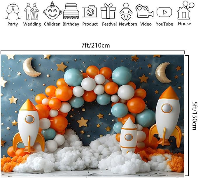 7x5ft Outer Space Backdrop Solar System Themed Party Photo Background Universe Planet Galaxy Rocket Baby Shower Boy Kids Birthday Party Photo Studio Props