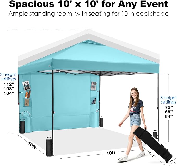 GAFETE 10×10 Pop Up Canopy Tent with 1 Pockets Sidewall, Easy up Sun Shade with One Push Setup, Portable Instant Outdoor Canopy Tent for Events Parties Camping with Carrying Bag (Cerulean, 10x10 FT)
