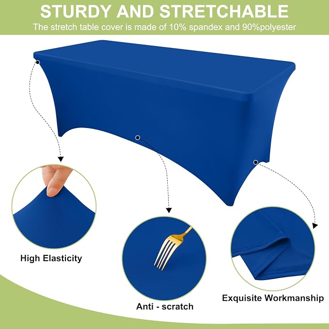 Moosfor Spandex Elastic Fitted 8FT Rectangle Tablecloth 6 Pack, Stretch Washable Reusable Table Cover for Outdoor Picnic, Dining, Wedding, Banquet & Party Events (Blue, 96Lx30Wx30H Inch)