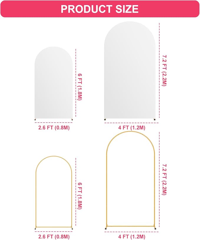 Arch Backdrop Stand and White Cover Set of 2(7.2FT+6FT),Wedding Arch Backdrop Stand,Balloon Arch Stand Metal Frame for Birthday Wedding Baby Shower Party Garland Ceremony Decor