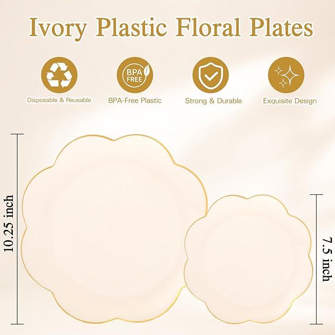 supernal 60pcs Ivory Gold Plastic Plates, Elegant Scalloped Disposable Dinnerware Set (30 Dinner & 30 Dessert Plates) - Heavy Duty Cream Floral Plates for Wedding, Bridal Shower, Mother's Day&Parties