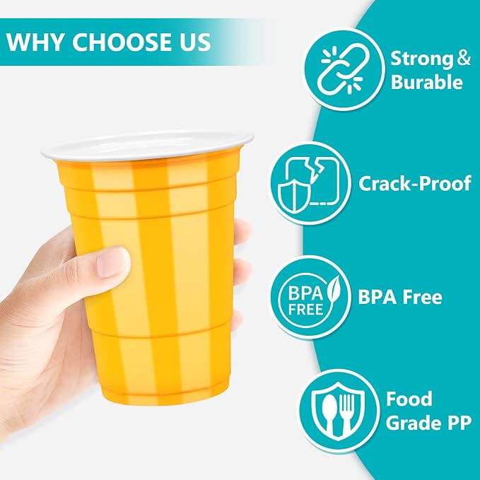LANLISA 50 Yellow Plastic Cups, 16 oz Disposable Cups, Drinking Cups For Birthday Party, Picnic, Easter