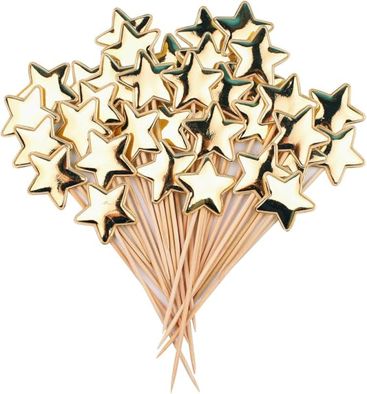 50pcs Star Cake Topper Cupcake Toppers Happy Birthday Party Cake Decoration Baby Shower Wedding Party Supplies, Gold