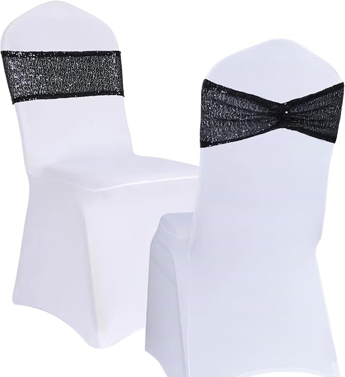 Eternal Beauty Set of 50 Black Chair Sashes Band Bows Sequin Chair Sashes for Wedding Cover Decorations