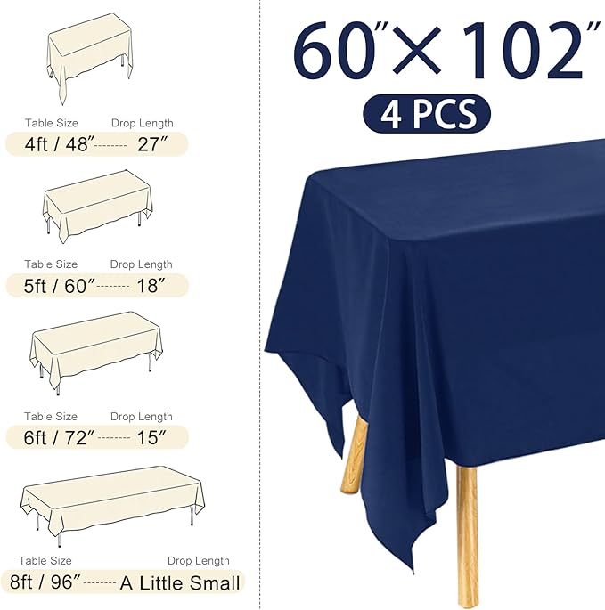4 Pack Navy Blue Rectangle Polyester Tablecloth 60x102 Inch Washable Polyester Table Cover for Wedding Dining Table Buffet Parties Banquet Decor