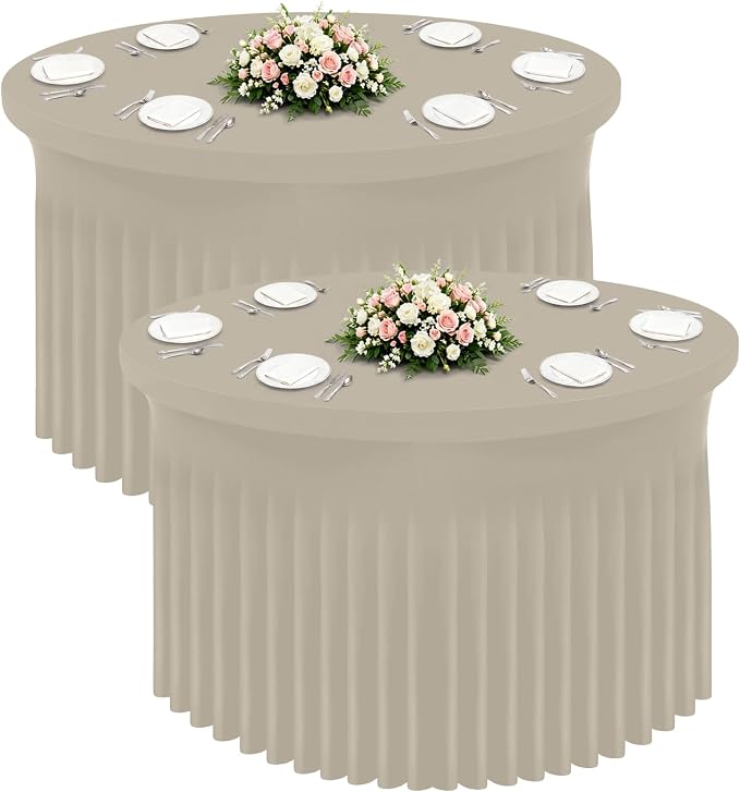 Smiry Round Spandex Tablecloth 2 Pack, Elastic Fitted Washable Tablecloths for 72 Round Tables, Waterpoof Stretch Table Cover Skirt for Outdoor, Wedding, Banquet & Parties, Taupe