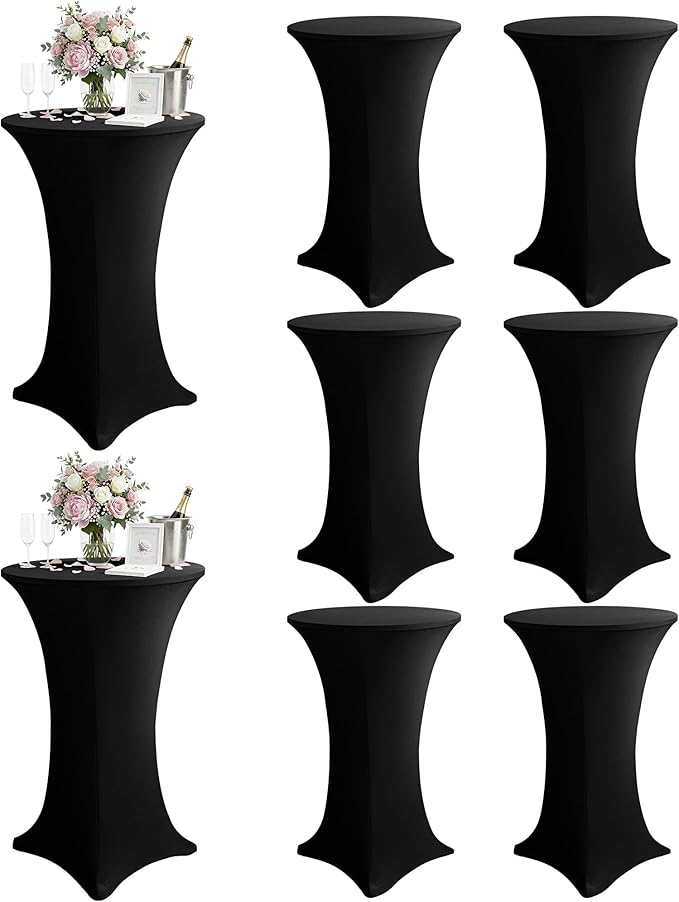 KeyWave Cocktail High Top Table Covers - 28x43 Inch Fitted Spandex Round Cocktail Tablecloth for Bar Height Standing Table Cloths Reusable, for Party Bistro Wedding Event Decorations, Black, 8 Pack