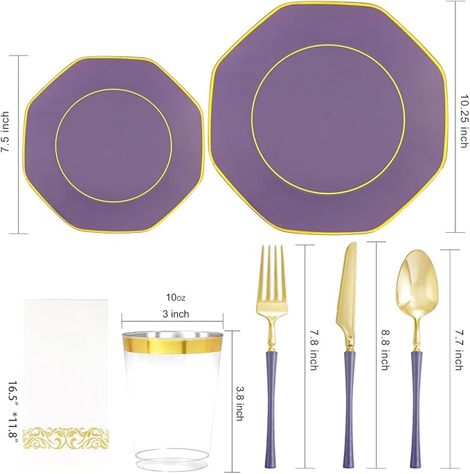 KIRE 140Pcs Purple Plastic Plates with Gold Rim& Gold Disposable Plastic Silverware with Handle&Clear Cups&Hand Napkin- Geometric Purple Plastic Plates for Parties/Wedding