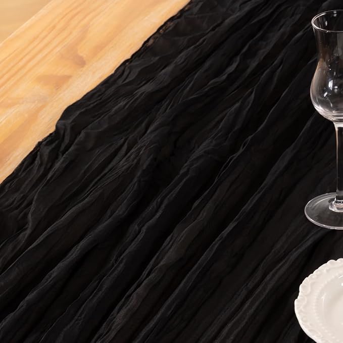 DeZerlor Black Cheesecloth Table Runner Spring Easter Table Runner 120 Inches Boho Gauze Cheese Cloth Table Decor for Wedding Bridal Baby Shower Parties