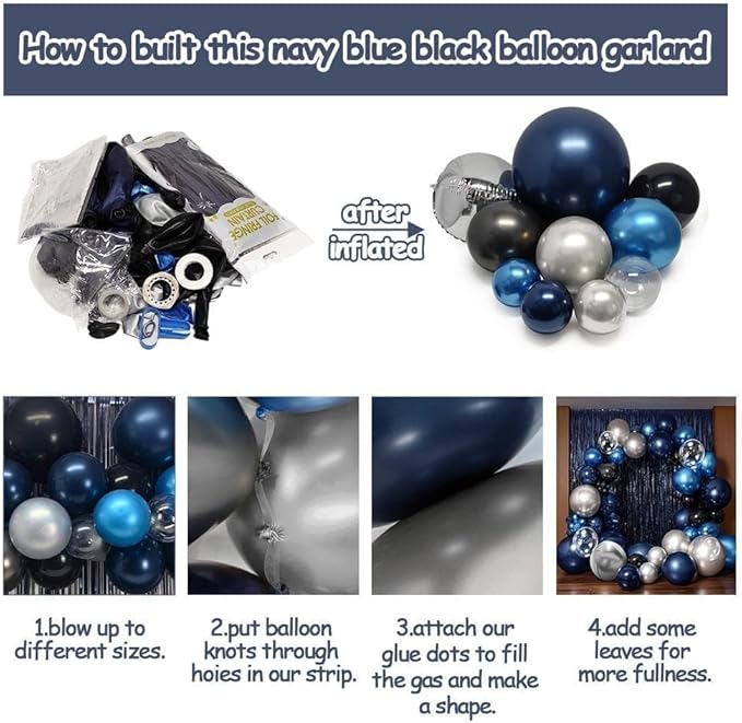 Navy Blue Black Balloon Arch Double Stuffed Dark Black Blue Silver Balloon Garland with Fringe Curtain Foil Balloons for Men Father's Birthday Baby Shower Graduation Anniversary Wedding Party Decor