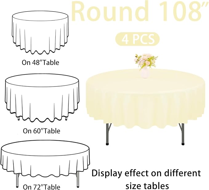4 Pack 108 Inch Round Tablecloth Polyester Washable Table Covers for Wedding Dining Table Buffet Parties Banquet Decor（Beige）