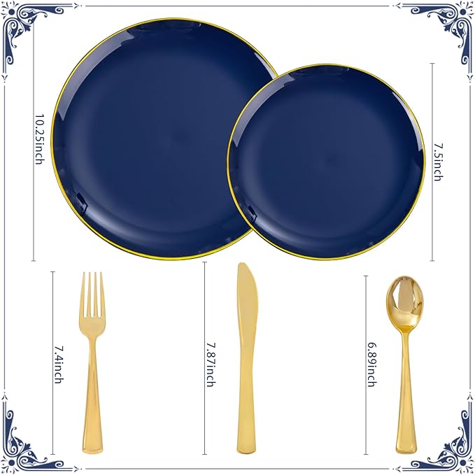 YOUBET 125PCS Blue Plastic Plates - Navy Blue Disposable Plates With Gold Rim Include 25 Dinner Plate, 25 Dessert Plate, 75 Gold Silverware Cutlery for Party & Wedding
