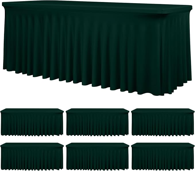 fani 6 Packs Emerald Green Stretch Table Skirts for 6 Foot Rectangle Table, Washable Spandex Stretch Tablecloths with Skirt, Wrinkle Resistant Fitted Tablecover for Wedding Party Banquet