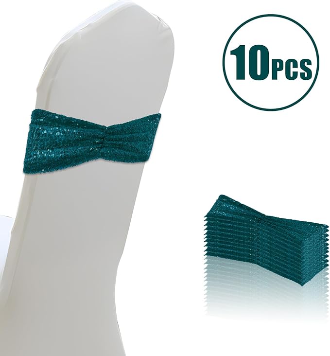 Eternal Beauty 10 Pack Sequin Chair Sashes Glitter Band Teal Chair Sashes for Wedding Folding Chairs Decoration