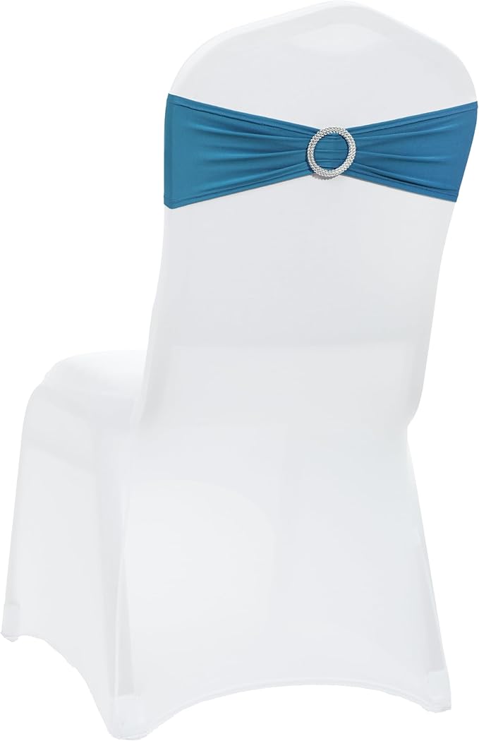 VDS - Dark Teal | Spandex Chair Sashes Bows | 250 PCS | Stretch Elastic Banquet Universal Folding Chair Band Tie with Silver Buckle Slider for Wedding Party Conference Celebration Event Decoration