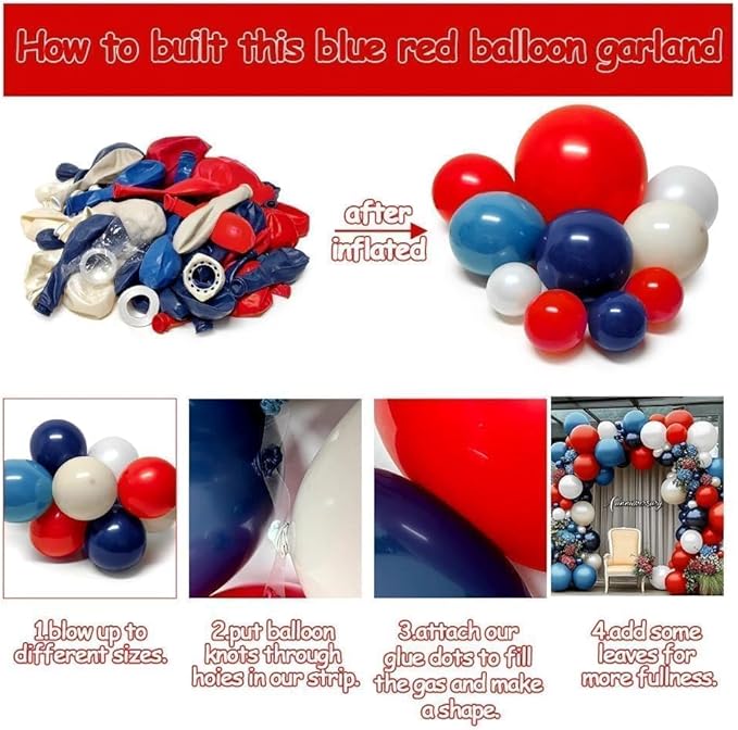 Navy Blue Red White Balloon Arch, Double Stuffed Royal Blue Red Pearl White Sand Balloon Garland Kit for Birthday Graduation Baby Shower Patriotic Nautical Baseball 4th of July Party Decor