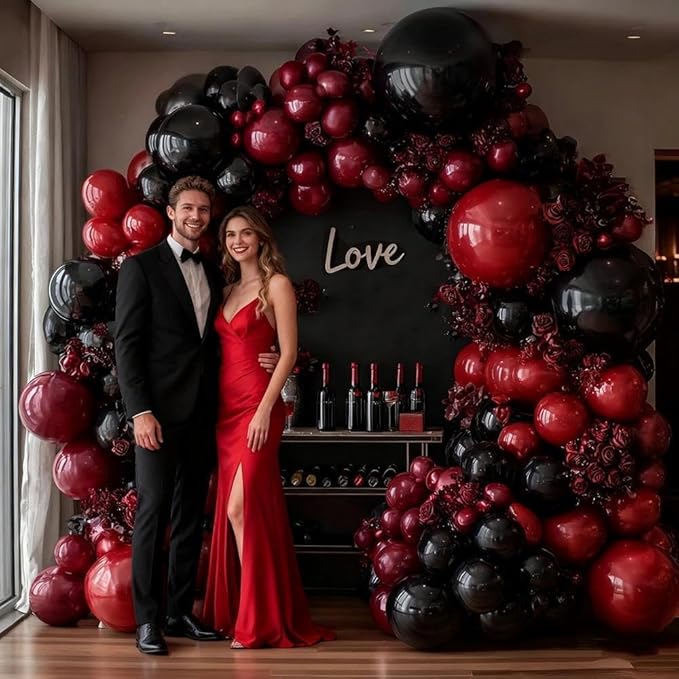 Black Red Balloon Arch Double Stuffed Black Burgundy Maroon Balloons Dark Ruby Red Metallic Balloon Garland Kit for Graduation Birthday Wedding Mother's Day Anniversary Party Decorations