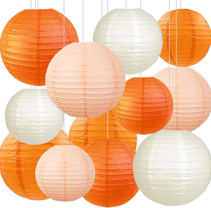 Orange Peach Paper Lanterns (12 Pack) - Hanging Paper Lanterns for Bridal Shower Fall Wedding Birthday Party Decoration