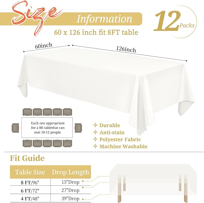 Showgeous 12 Pack Ivory Rectangle Tablecloth, 60 x 126 Inch, Wrinkle & Fade Resistant, Polyester, Perfect for 8 Foot Rectangle Tables, Wedding Parties, Banquet Dinners