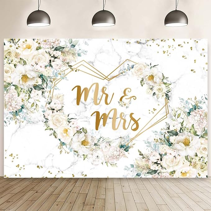 MEHOFOND 193 pcs White Wedding Party Decorations, Mr and Mrs Paper Plates Cup and Nakpins Set, 7x5ft Mr and Mrs Floral Backdrop for Bridal Shower White Flowers Gold Dots Glitter Photography Bac