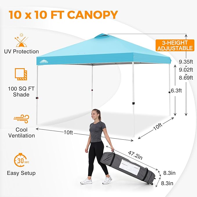 EAGLE PEAK Pop Up Canopy Tent with Wheeled Carry Bag, 8 Stakes, 4 Ropes, 4 Weight Bags, Easy Set Up Tent Canopy, 10x10 ft, 100sqft of Shade, Light Blue