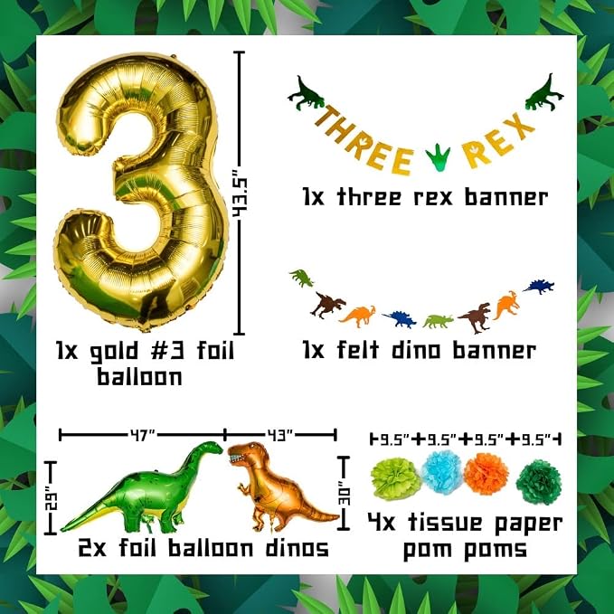 Three Rex Birthday Party Decorations for Boys – 3rd B-day Dinosaur Theme w/ Banners & Balloons – Three Rex Party Supplies for Boy’s Dino Celebration